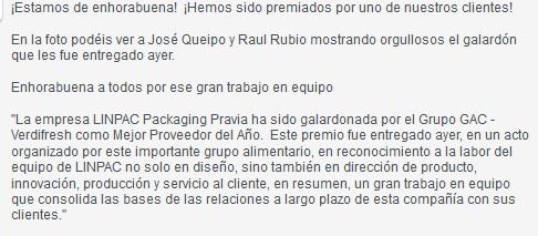 LINPACSpain's tweet image. Estamos de enhorabuena, nuestra empresa ha sido premiada como Mejor Proveedor del Año #TrabajoEnEquipo #Diseño #Innovación #XJornadaGAC
