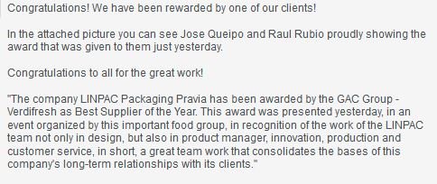 LINPACSpain's tweet image. Congrats LINPAC Pravia team!We've been rewarded as Best Supplier of the year by 1of our customers #TeamWork #Design #Innovation #XJornadaGAC
