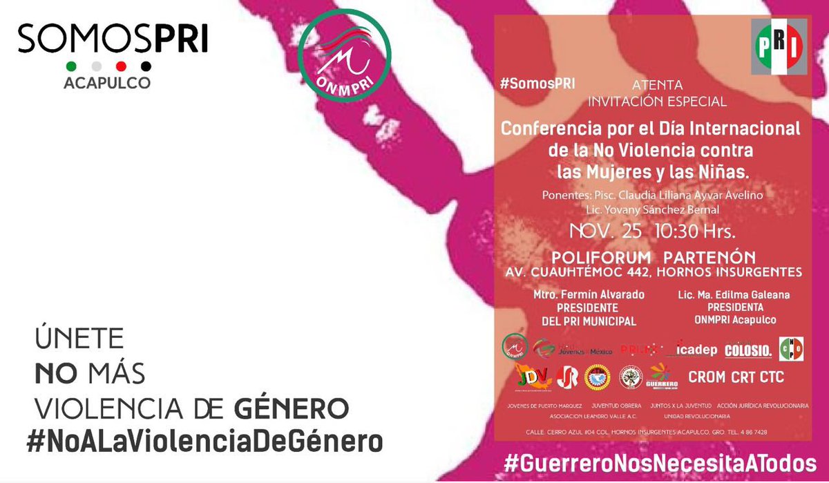 PRIMX_Aca's tweet photo. @_PRIAcapulco  y @_FerminAlvarado  INVITAN a Conferencia por el Día Internacional de la #NoALaViolenciaDeGenero https://t.co/VyJ9qDr5p1