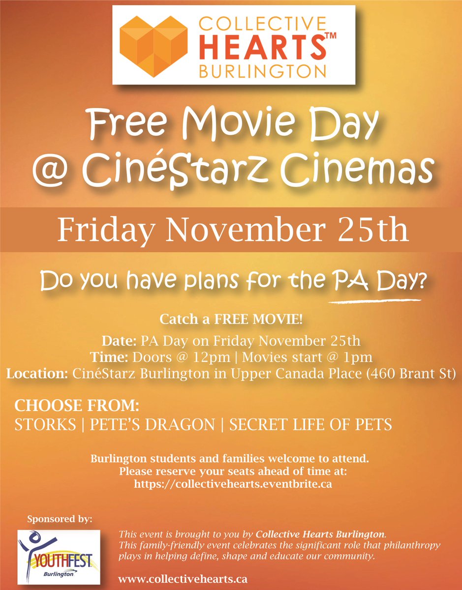 CollectBurl's tweet photo. A #BlackFriday deal too good to miss - FREE MOVIES! Storks, Secret Life of Pets and Pete's Dragon. 1 pm today at  @cinestarz_burl #BurlON https://t.co/x7TlXTSy9e