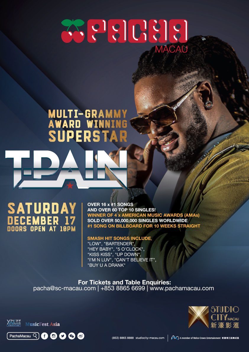 Mega Superstar @TPain heading to #Macau Sat Dec 17 gonna be a wild fun n epic night! #StudioCity <a href="/timeouthk/">Time Out Hong Kong</a> @hongkongtatler @LifestyleAsiaHK