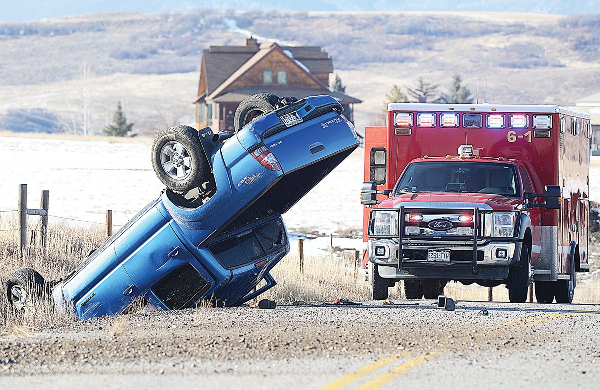 Framp1966's tweet photo. Interesting sight on RCR33 Friday afternoon #steamboat after driver rolls truck. Minor injuries according to sheriff, but lots of damage. https://t.co/VU2nR4Y2ju