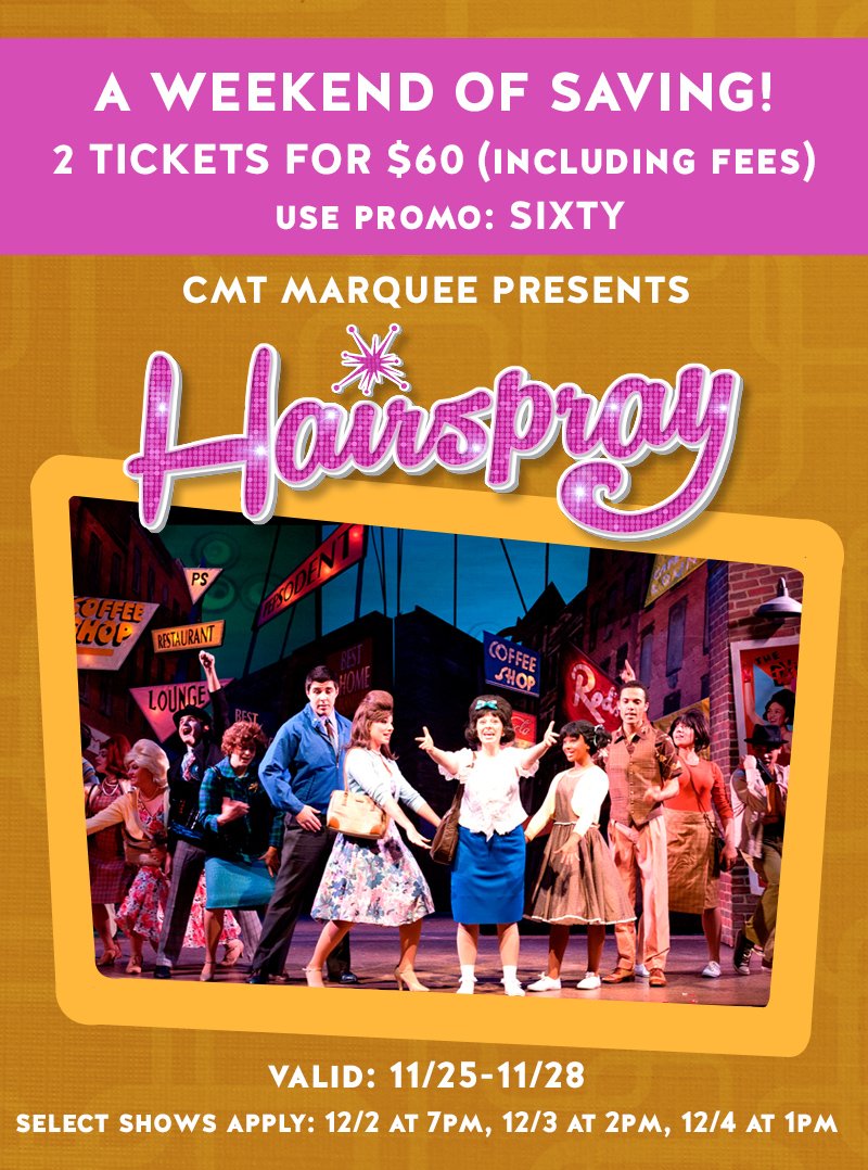 cmtsj's tweet photo. Save all weekend on Hairspray. Today thru Monday use promo code SIXTY and get two tickets for $60. #welcometothe60's #hairspray #DTSJ https://t.co/R4zUsrewr2
