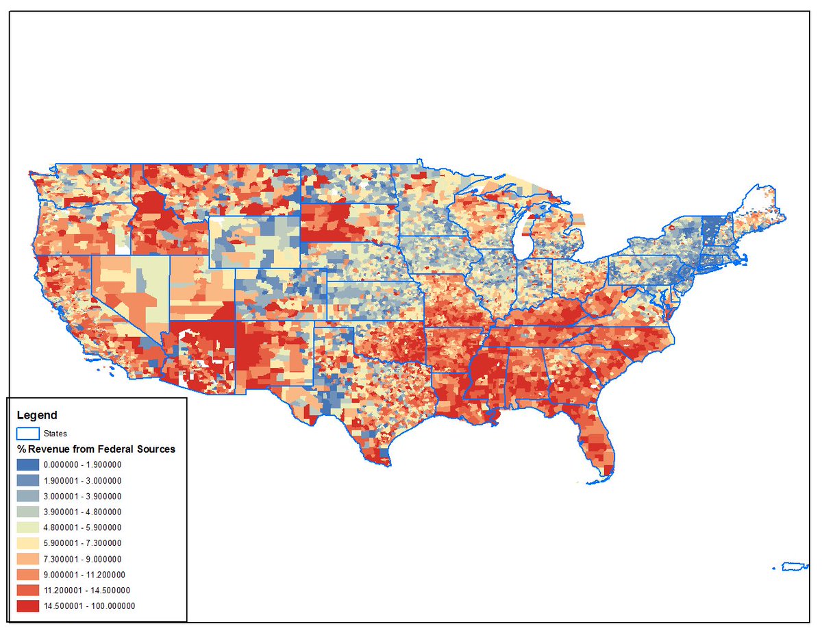 Which school districts/regions are most dependent on Federal source funds? (Census Fiscal Survey fy2014) [alt color scheme w/quantile cuts]