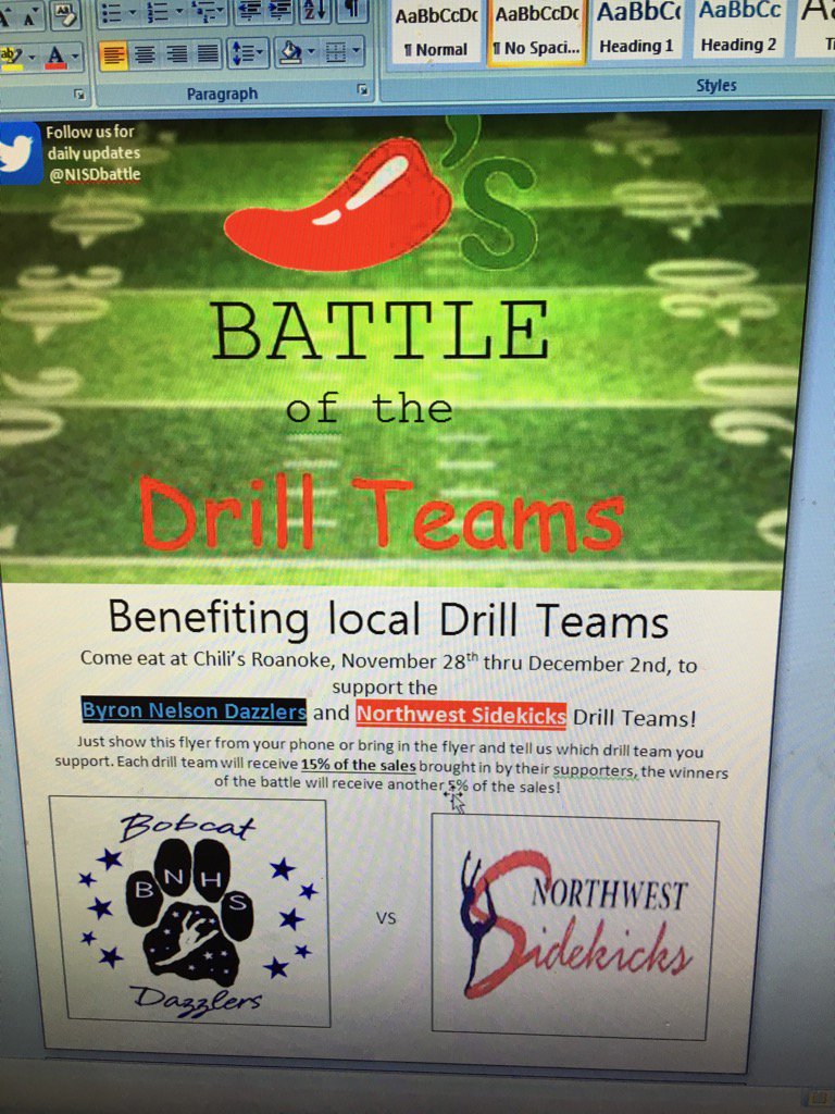 NISDbattle's tweet photo. Battle of the @nhsSIDEKICKS vs @ByronNelsonHigh dazzlers starting this Monday at Chilis in Roanoke https://t.co/tSe0H7NEzn