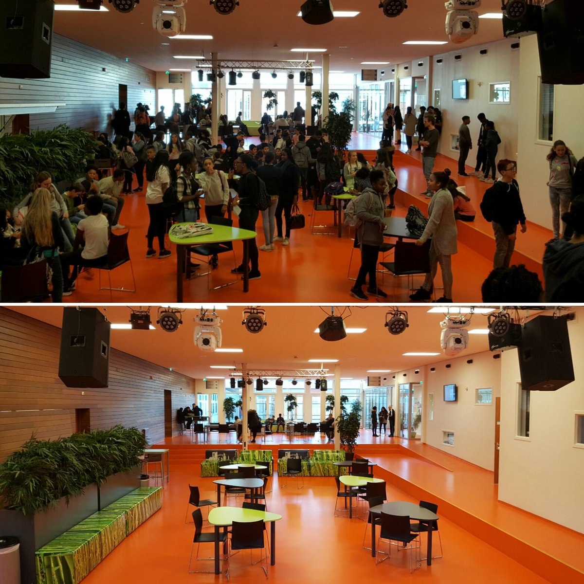 leerKRACHTmpi's tweet photo. Voor en tijdens de pauze: zoek de 150 verschillen in de aula van  @wilgenplaslaan. Zijn we trots op: onze leerlingen en ons gebouw. https://t.co/Y1ODwVVpda