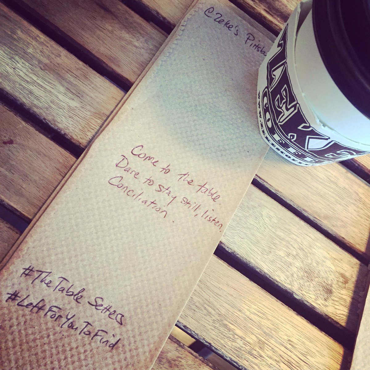TheTableSetters's tweet photo. Come to the table.
Dare to stay still, listen.
Conciliation.
#thetablesetters #leftforyoutofind https://t.co/yGMRtEl2aD