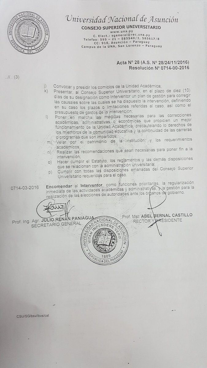 CEI_UNA's tweet photo. Resolución por la cual se designa interventor de la Facultad de Ingeniería de la UNA y sus atribuciones. https://t.co/QaBpAMdjWU