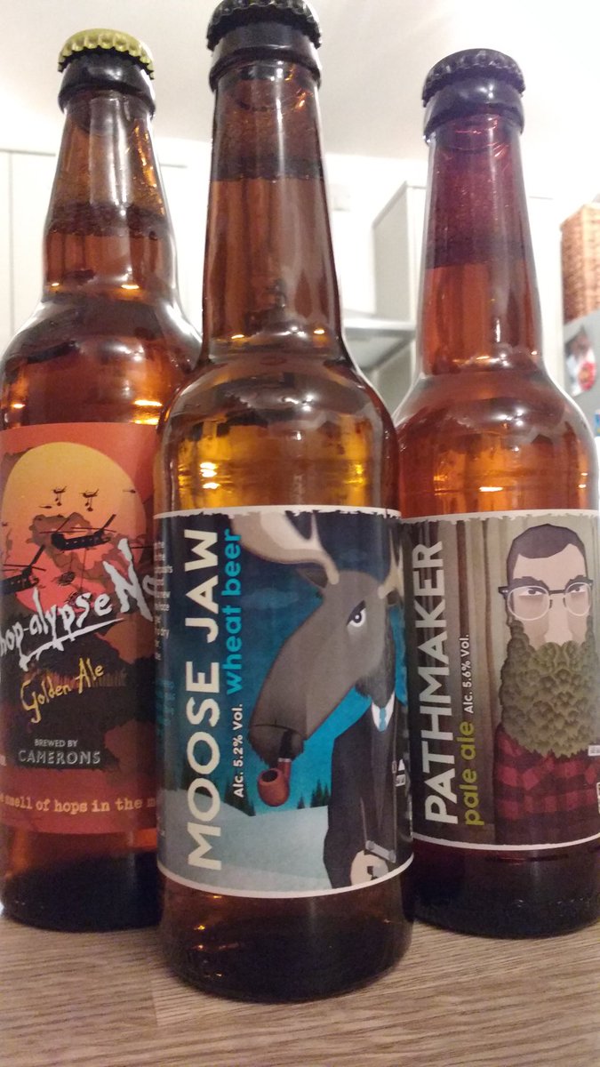 Ne1ls1mon's tweet photo. Two newbies from Black Sheep Brewery, Moose Jaw 5.2% wheat beer, Pathmaker 5.6%, and the ever reliable Ahopalypse Now from @CameronsBrewery https://t.co/tceCLXrn8d