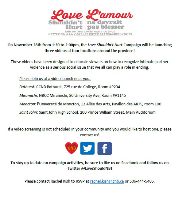 LoveShouldNB's tweet photo. JOIN US AT ONE OF OUR VIDEO LAUNCHES ON MONDAY! #LoveShouldNB https://t.co/NfI13hpIcs