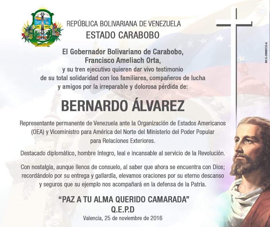 AmeliachPSUV's tweet photo. Bernardo Álvarez, un extraordinario amigo y camarada profundamente humanista. ¡Hasta la victoria siempre compañero! https://t.co/MRBy2VUzF3