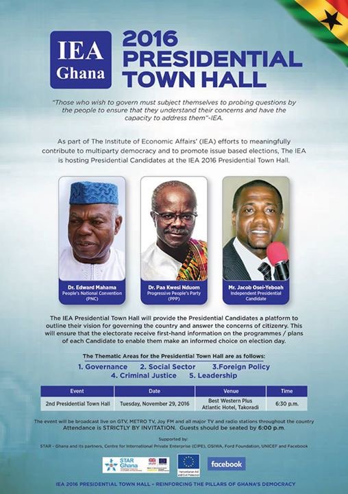 IEAGhana's tweet photo. The final IEA 2016 PRESIDENTIAL TOWN HALL DEBATE will take place today at 7pm in Takoradi.  Dont Miss! #IEAdebate https://t.co/w1rHlOQX3n
