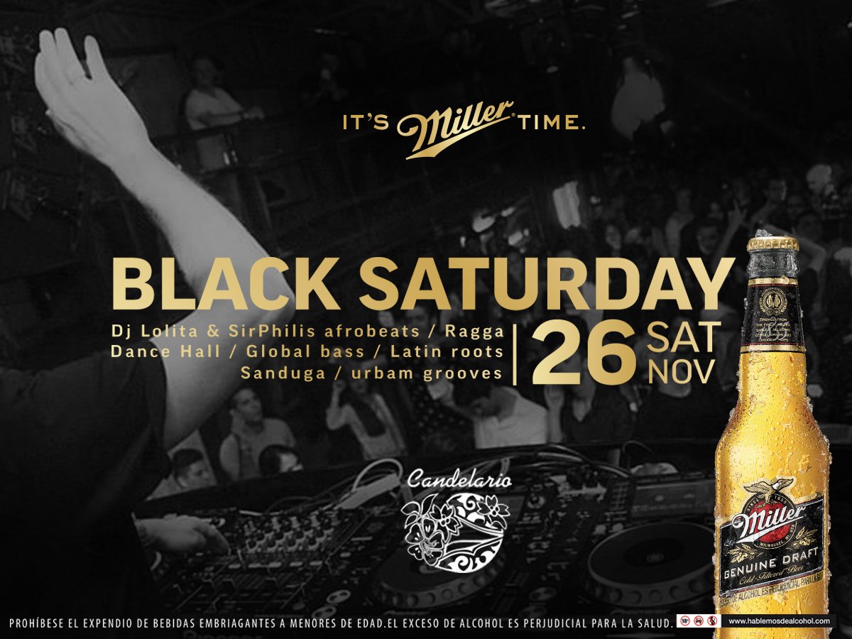 Miller_Colombia's tweet photo. ¡No te pierdas mañana la mejor fiesta en @elcandelario ! Vive intensamente el Black Saturday de Miller Genuine Draft #ItsMillerTime https://t.co/PPw24lhcgP