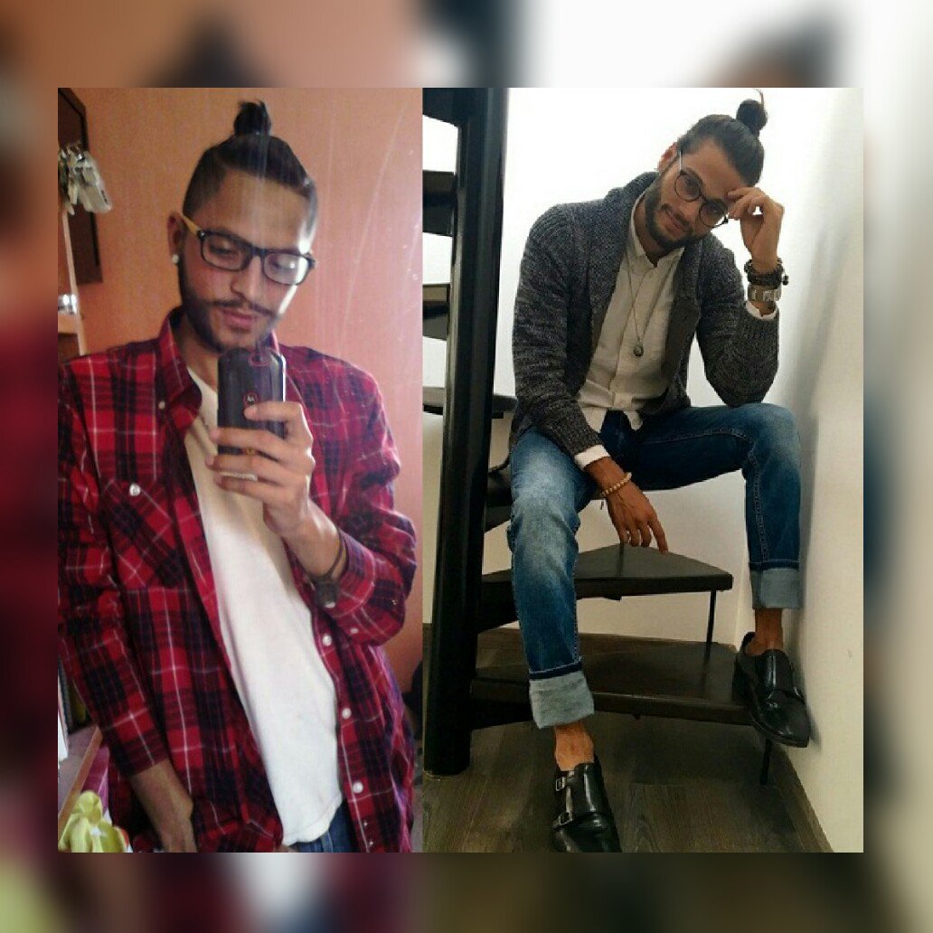 Moises_Quintero's tweet photo. En una foto vemos a un barbón guapo con chongo y lentes, en la otra @alosianv jajaja #HermanoMamadoPerdido #AitorCardoné #ClubDeCuervos #T2 https://t.co/WD2ssU1jNe