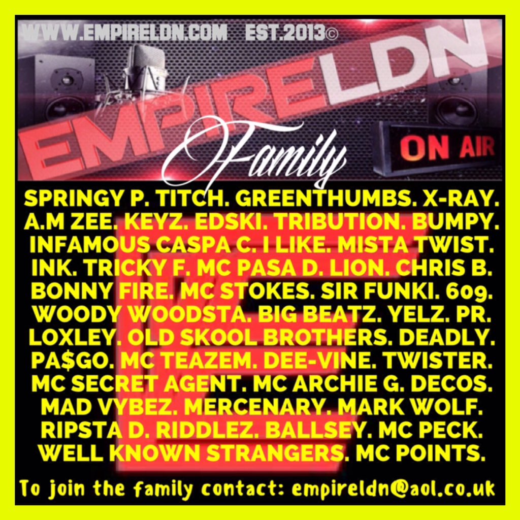 The family..

<a href="/Djink83/">INK</a>
<a href="/dj_trickyf/">Lewis Tricky Fisher / DJ Tricky-F</a>
<a href="/DJLION_/">Lion</a>
<a href="/djchrisb83/">chris b</a>
<a href="/Bonny_Fire/">Bonny Fire</a>
<a href="/djbigbeatz1/">#MajorMuzikEnt</a>
<a href="/StokesStanford/">MC Stokes #yaboy</a>
<a href="/MajorLeagz/">RoyalFlame</a>
<a href="/woodywoodsta9/">WOODY WOODSTA EMPIRE</a>
<a href="/SirFunki/">Sir Funki</a>