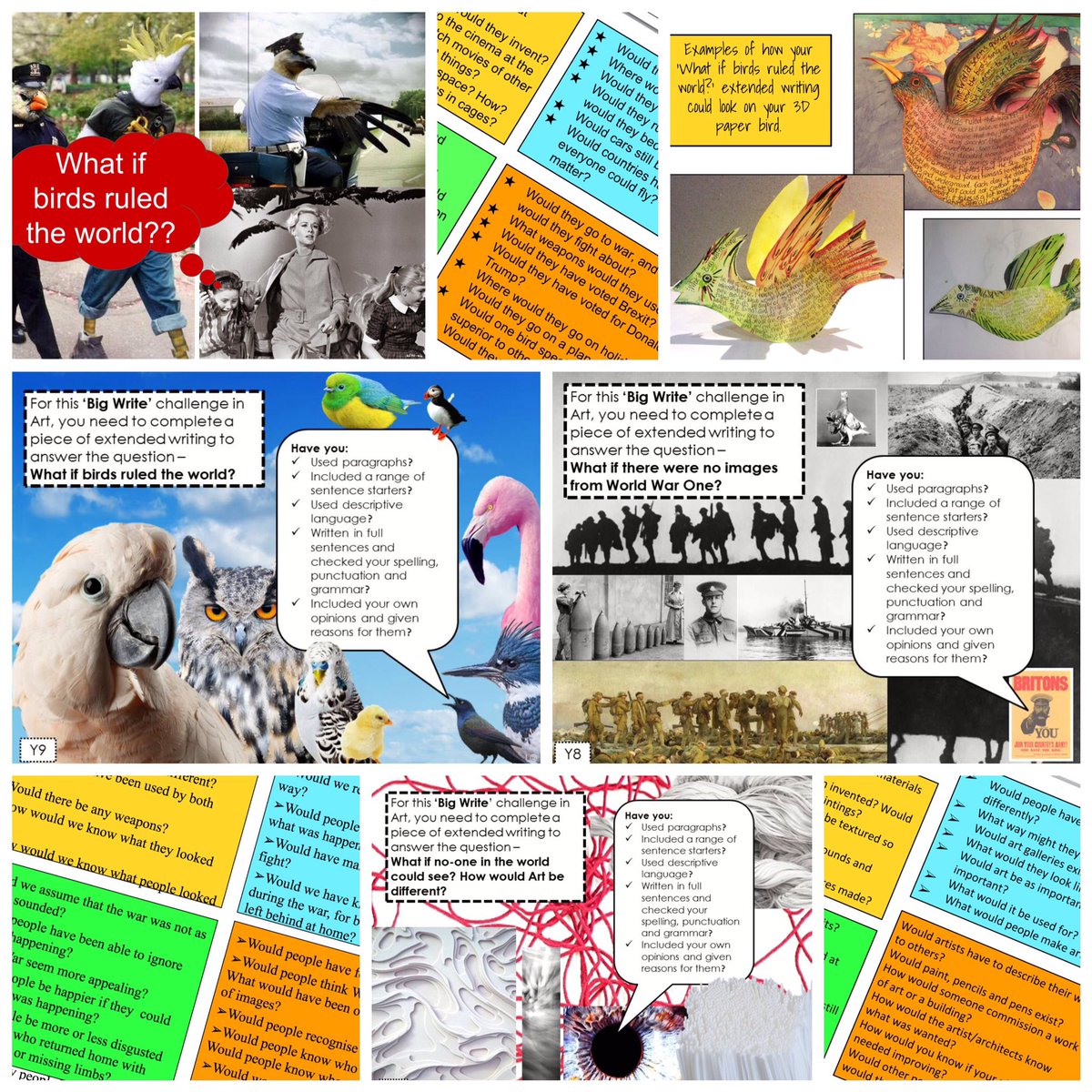 LouiseClazey's tweet photo. Fantastic KS3 responses to these 'What if...' questions as part of whole school 'Big Write' week.No white lined paper in art 😀#pedagoofriday https://t.co/WUn8hMbiu0