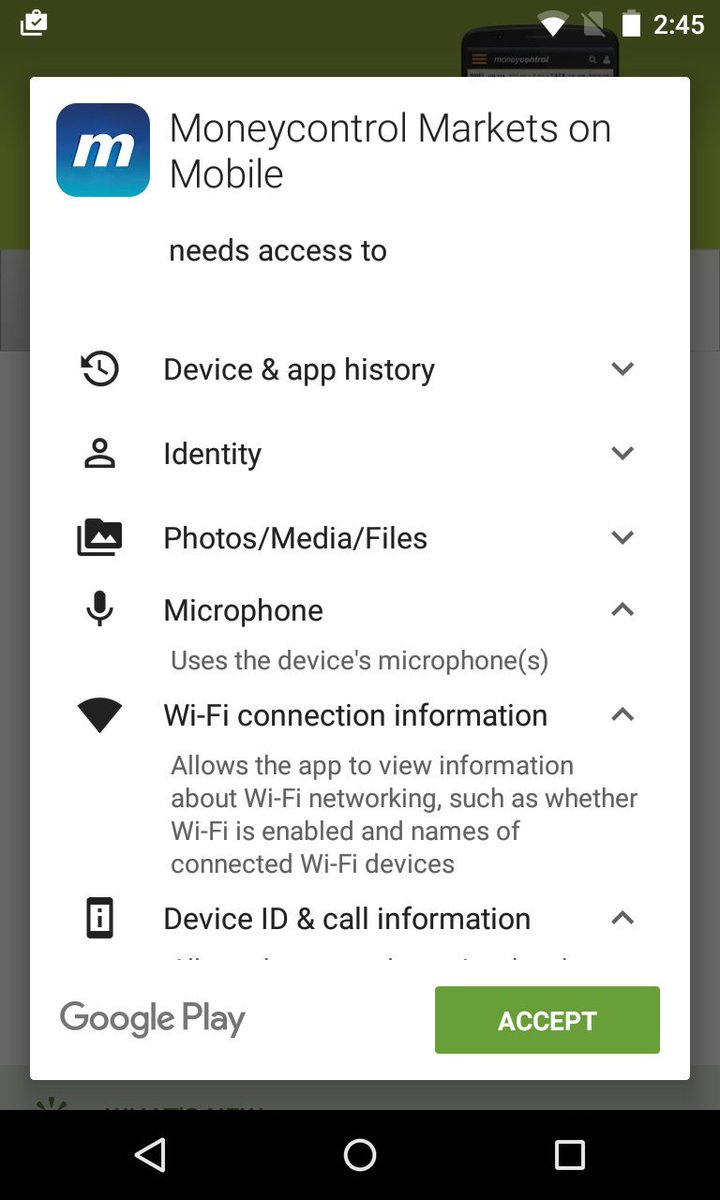 aprology's tweet image. . @moneycontrolcom why do u guys need microphone, identity and image permissions?? Unnecessary privacy compromises #smh #badstuff