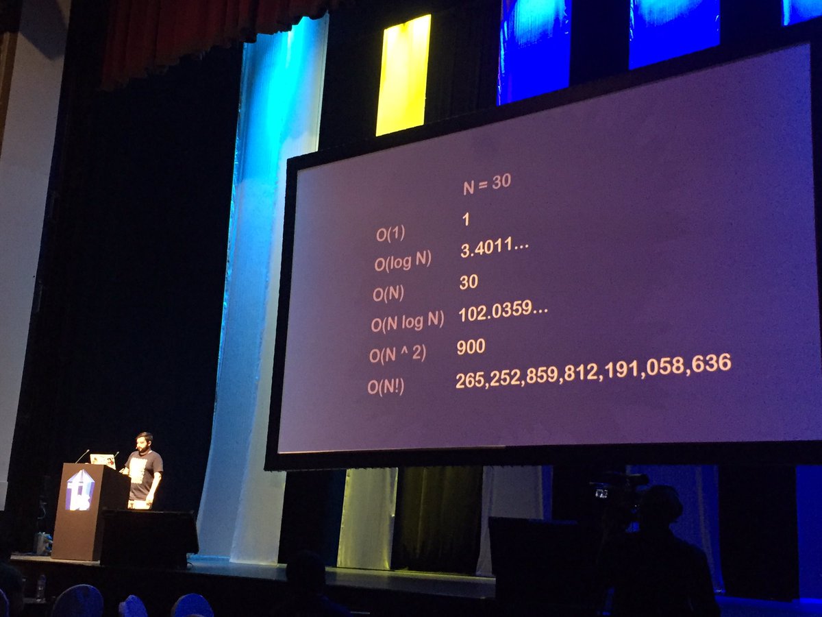 sxywu's tweet image. Alright if my intro CS classes had taught Big O this way, I would have totally retained them.  @thejameskyle at #jsconfasia