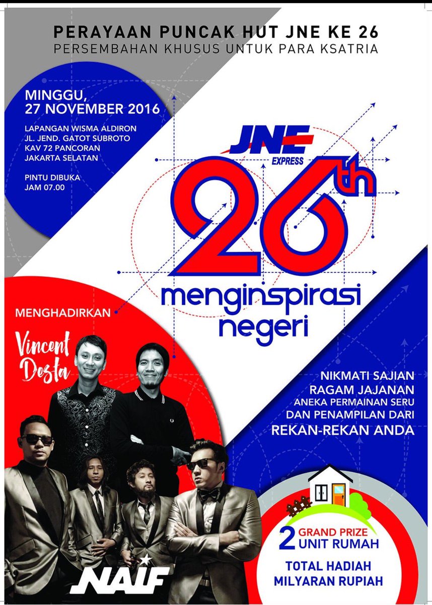 #jadwalNAIF : Minggu, 27 November 2016
JNE Menginspirasi Negeri, Venue : MBAU Aldiron Pancoran , On Stage : 13.30