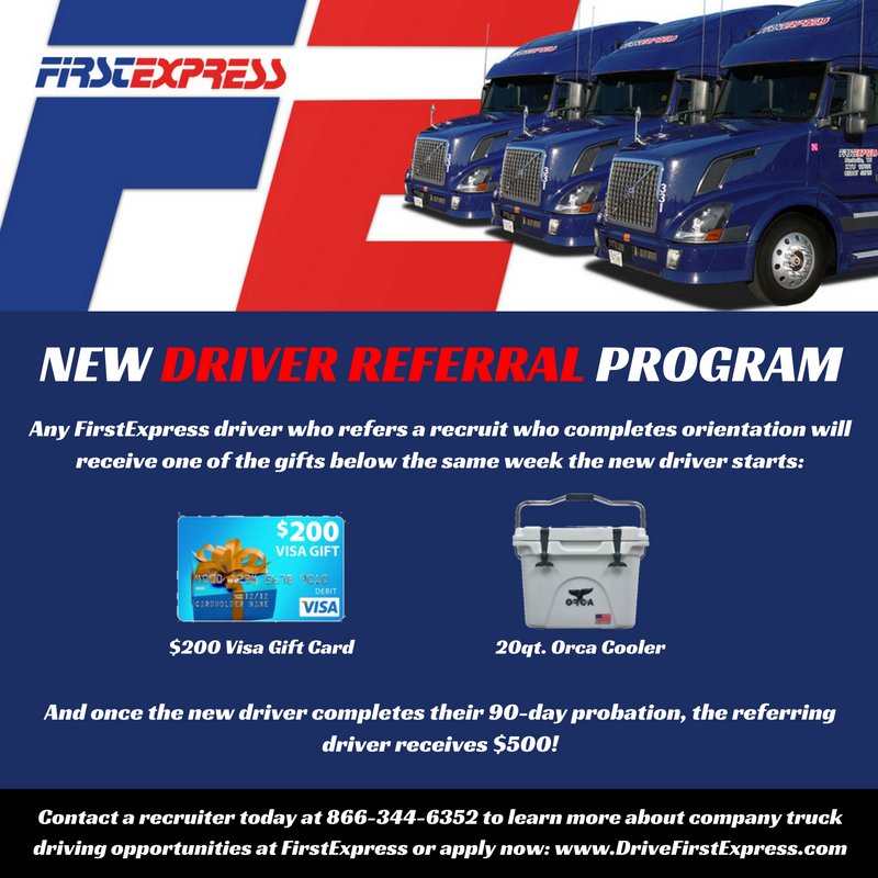 FirstExpressInc's tweet photo. Did you know we have a driver referral program? Just one of the great advantages of being a #FirstExpress driver: https://t.co/rWnqdARORN https://t.co/yi7Kzdck4e