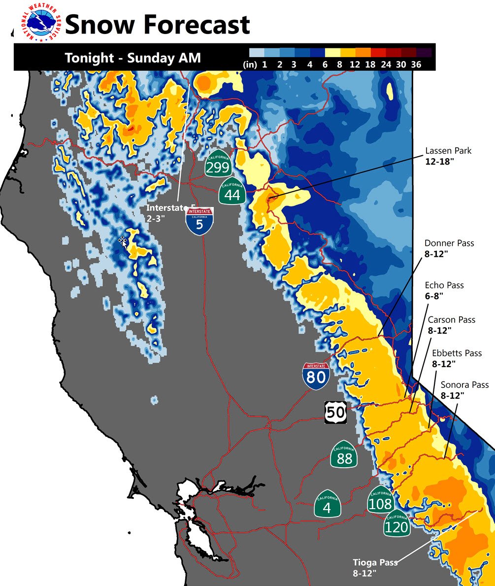 Map: About a foot of snow forecast at Sierra Nevada Pass in California