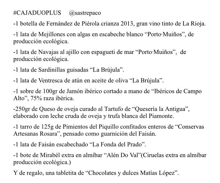 SastrePaco's tweet photo. Ya tenemos la #CajaDuoPlus !!Mira qué productazos!!#Piérola @quesoslaantigua @DelgadoSeleccio #LaBrújula #PortoMuiños @mirabeldorosal y más! https://t.co/r7jPEdcWiM