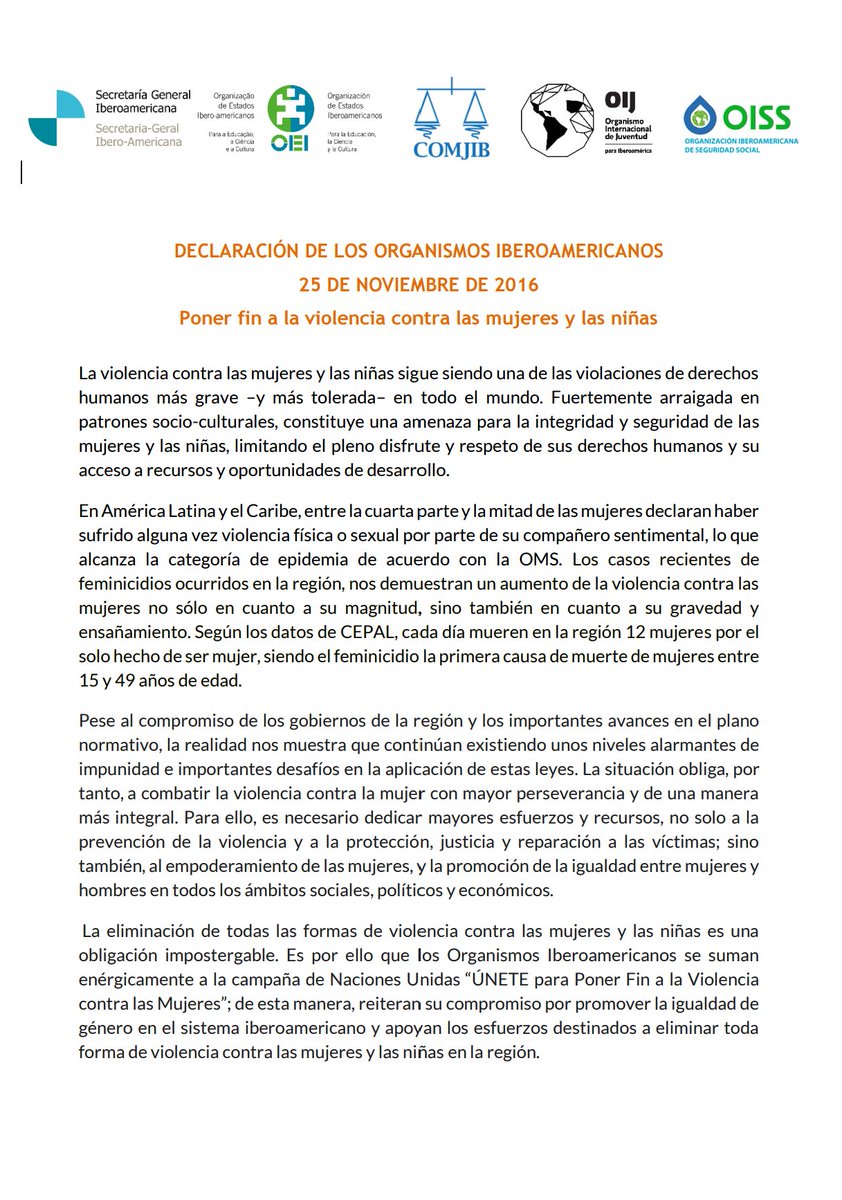 ComjibOficial's tweet photo. Declaración de los Organismos Iberoamericanos en este día en el que decimos !Basta! de violencia contra niñas y mujeres https://t.co/4QeUqAmNCh