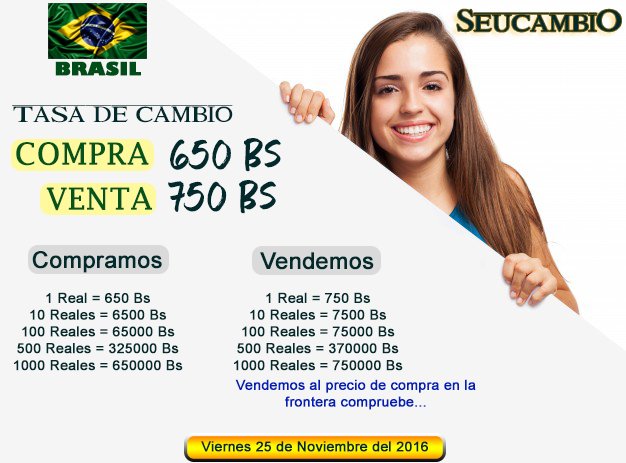 seucambios's tweet photo. Tasa de Cambio Brasil - Venezuela por trasnferencias https://t.co/I7bf43yOV6