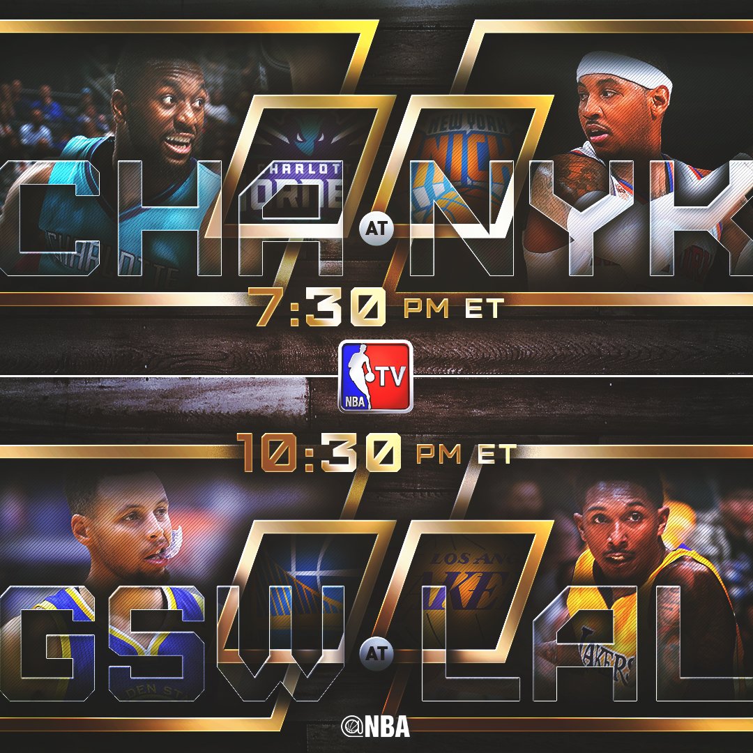 NBA's tweet photo. Tonight's @NBATV doubleheader features....

7:30pm/et: @hornets x @nyknicks 

10:30pm/et: @warriors x @Lakers https://t.co/Mxp55ydDHD