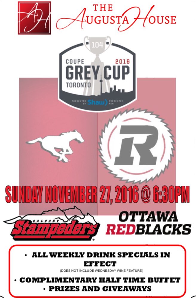 TheAugustaHouse's tweet photo. #GreyCup party Sunday @TheAugustaHouse. Half time buffet,prizes and any weekly drink feature offered #CFL #HamOnt https://t.co/5PGdWpJxeL