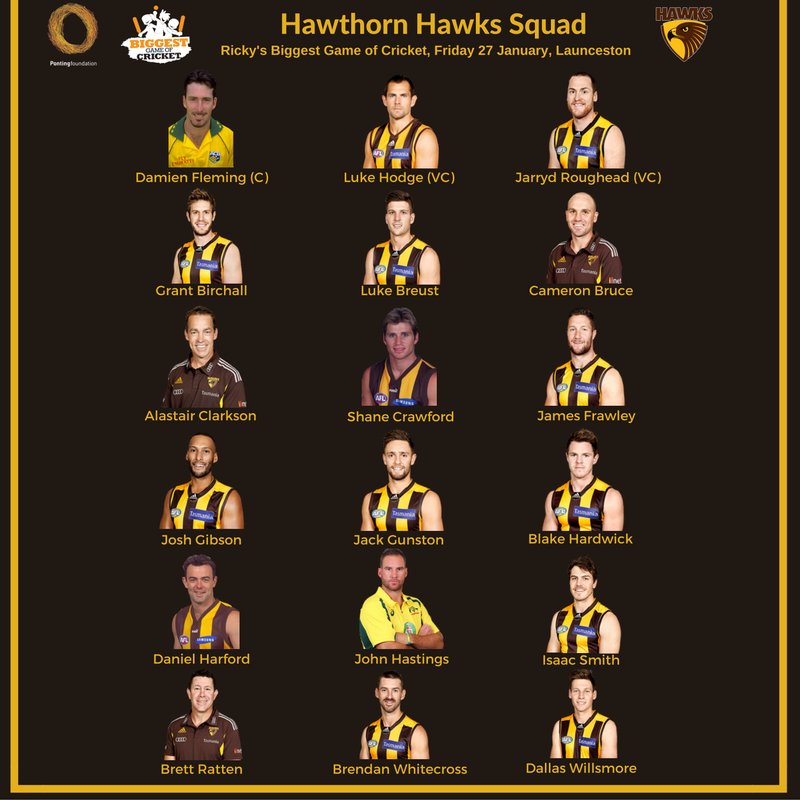 PontingFdn's tweet photo. #BREAKING
 
@HawthornFC have announced their squad for Ricky's Biggest Game of Cricket!

Read more/purchase tickets: https://t.co/FcFvC2sZcy https://t.co/1sRTxbXA08