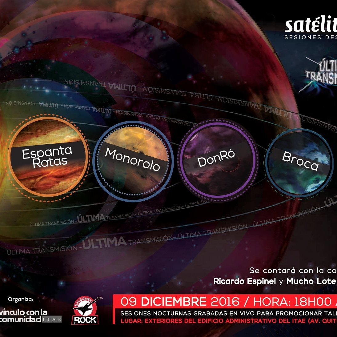 SateliteVivo's tweet photo. #SATELITEVIVO Última Transmisión en el ITAE
9 DICIEMBRE / 18H00 /Entrada Libre
BANDAS #MONOROLO #BROCA #EspantaRatas #Donró https://t.co/nmdOkUgaIX
