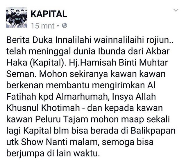 Semoga Ibunda Khusnul Khotimah &amp; keluarga diberi ketabahan. ALLAHUMMAGHFIR LAHU WARHAMHU WA ‘AFIHI WA’FU ‘ANHU WA AKRIM NUZULAHU. AL FATIHAH