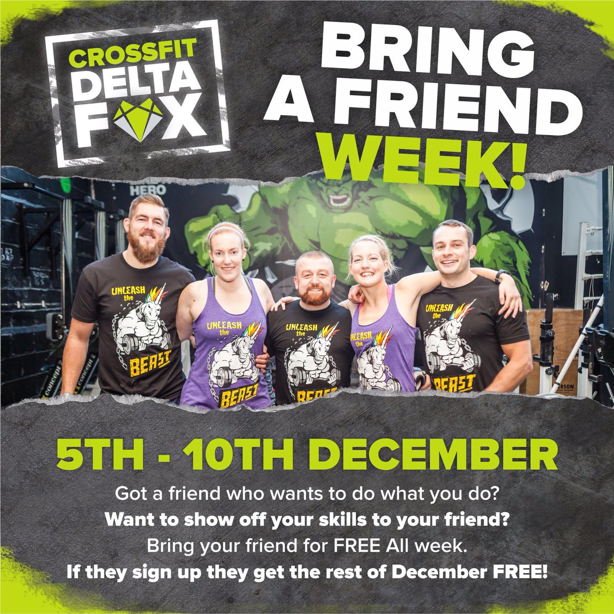 CFDeltaFox's tweet photo. Bring a friend for FREE week😵!!!
Bring a friend to come and see what it's all about! 
5th - 10th December!! 💪🏼💚 #CrossFit https://t.co/4x596PJu0n