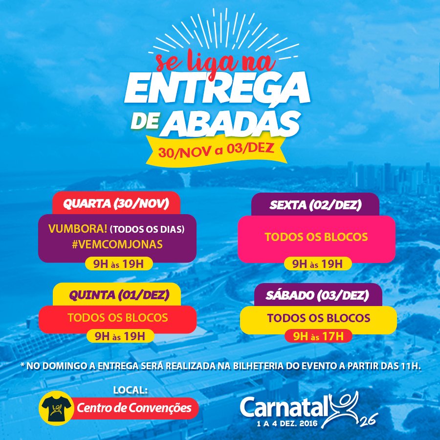 Blog_circulando's tweet photo. Folião do @carnatal! Se liga que vai começar a entrega de abadás 2016. Veja os dias e horários. #Blogcirculando #circulandonocarnatal https://t.co/OqUMDe771P