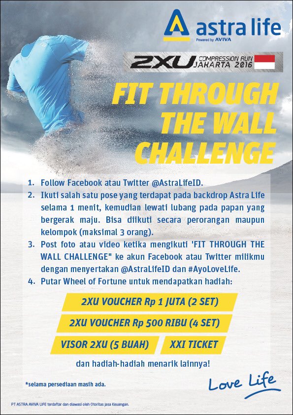 tomorrow,,, join the fit through the wall challenge with Astra Life at 
2XU Compression Run Jakarta 2016 #AyoLoveLife