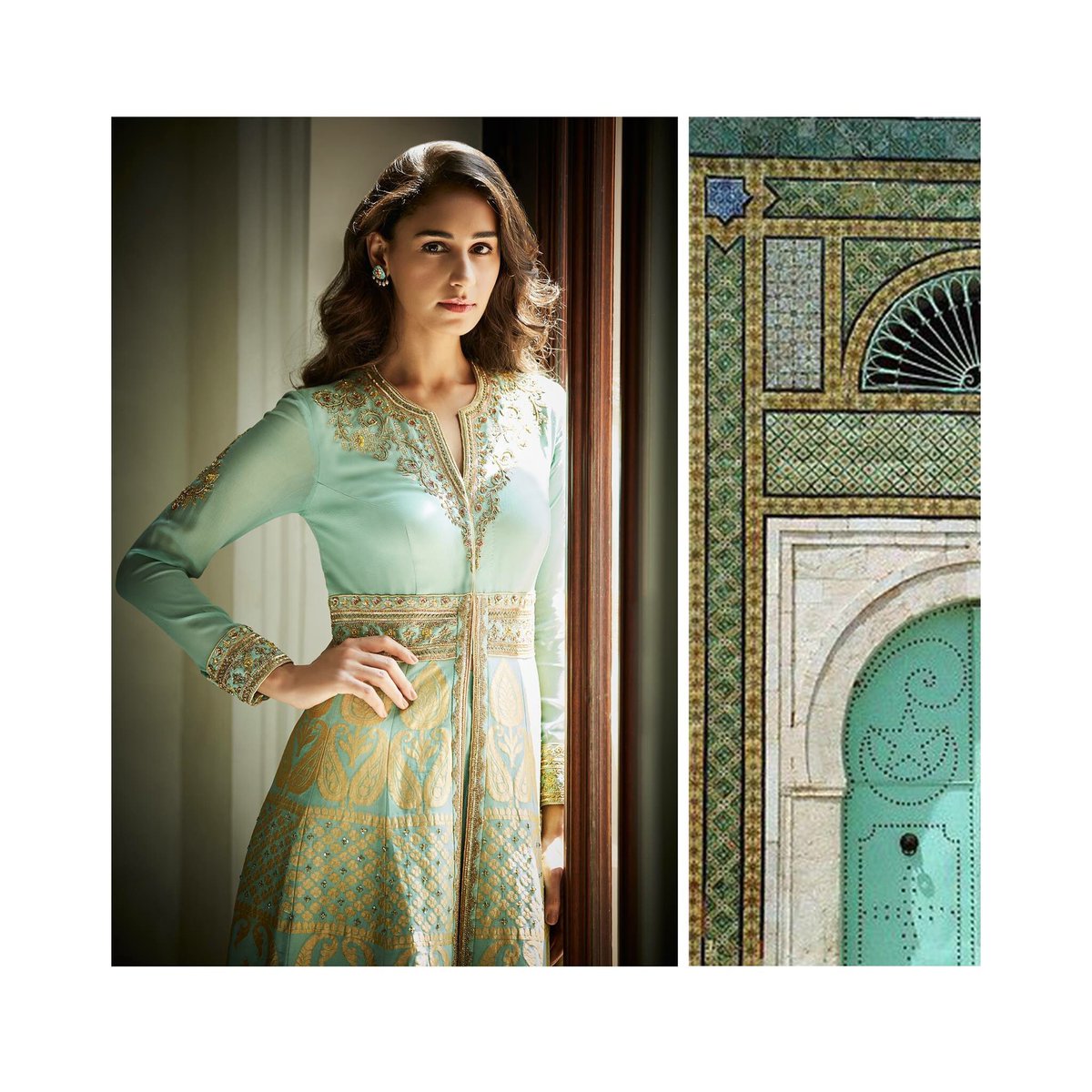 Mizra - A soft pale green handwoven anarkali embroidered in gold threads. The Inaayat Collection by Ekaya Leela #harmeetbajaj