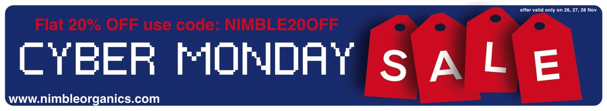 20% off for Cyber Monday on NimbleOrganics.com. Discount Code: NIMBLE20OFF 
10,000+ organic foods clothing cosmetics, health&amp;wellness.