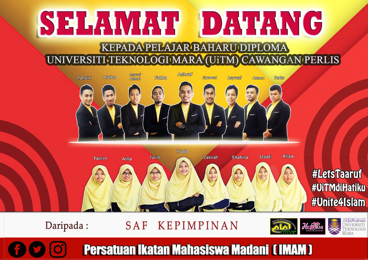 IMAM_UiTMPerlis's tweet photo. Selamat Datang ke bumi Arau, Perlis kepada pelajar baharu diploma uitm Arau. Kami sambut kedatangan anda
#letsTaaruf #UiTMdiHatiku https://t.co/vQWNNE3PRp