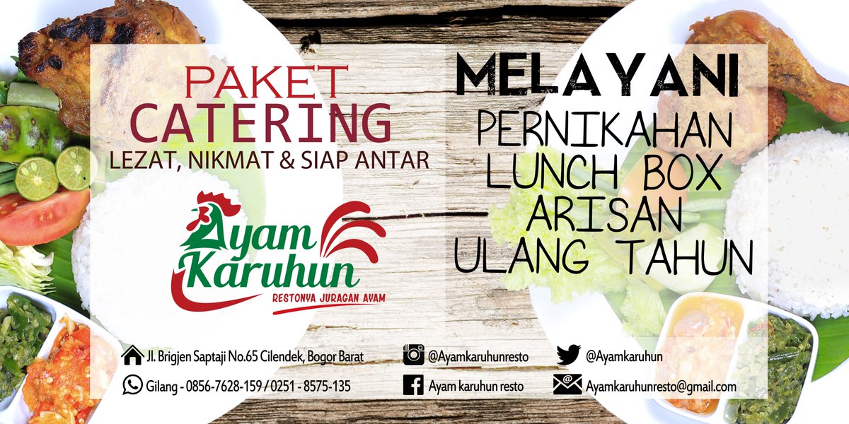 ayamkaruhun's tweet photo. Ayam Karuhun Resto menerima :
1. Catering
2. Pernikahan
3. Lunch box
4. Arisan
5. Ulang tahun
Informasi - Harry 08567628159/bs dtng ke resto https://t.co/yw20GgzKsi