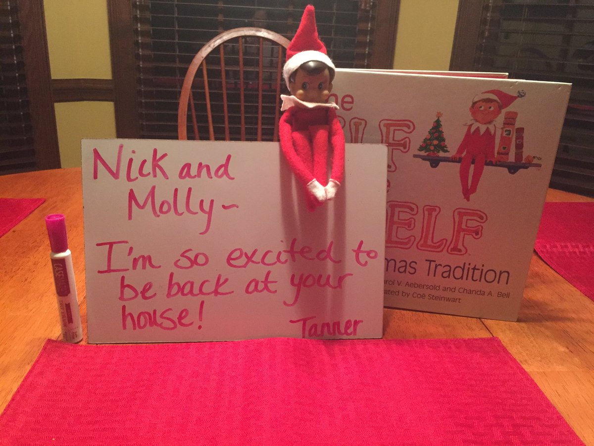ashley__cherry's tweet photo. He's back! I can't wait for the kiddos to get up in the morning &amp; see Tanner! They are going to be so excited!! Elf=good kids #elfonashelf https://t.co/OW1eag9n3f
