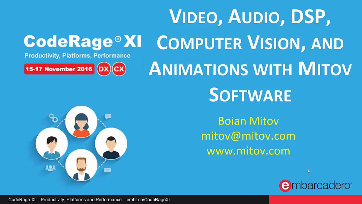 EmbarcaderoTech's tweet image. Video, Audio, DSP, Computer Vision, and Animations with #Mitov Software with Boian Mitov - #CodeRageXI &amp;gt;&amp;gt; embt.co/2fiE7N3