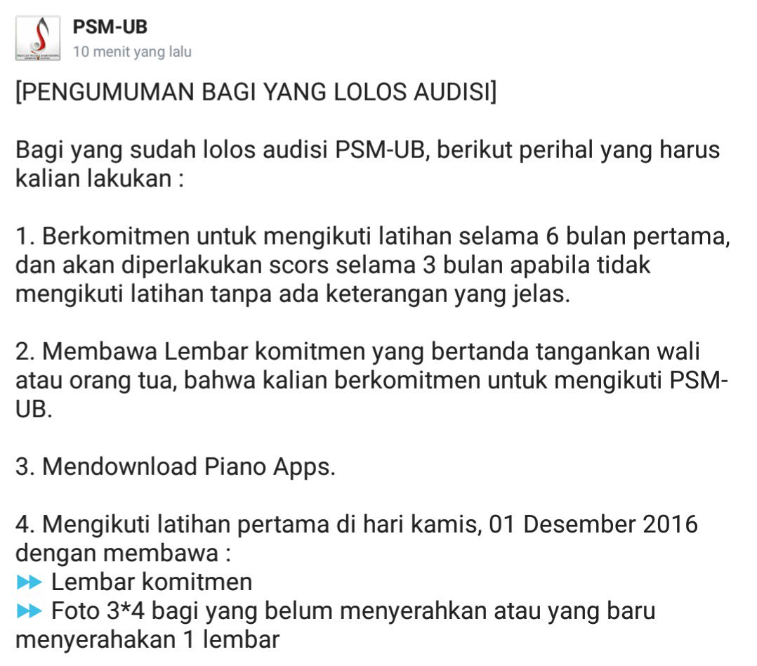 PSM_UB's tweet photo. Berikut Pengumuman bagi yang lolos audisi! 😉 https://t.co/N9UvIXg3kb