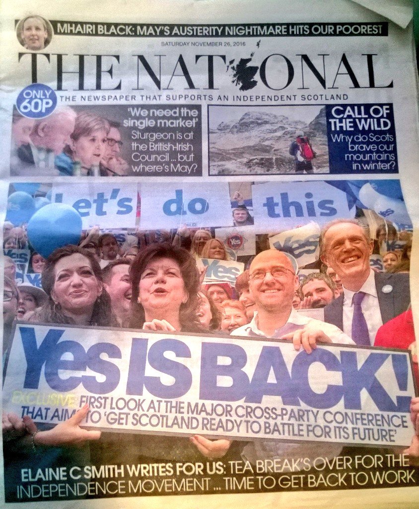 YesTroon's tweet photo. This morning's @ScotNational front page. #YesISBACK! Hahaha - like we ever went away! :D #indyref2 #GameOn https://t.co/2p7FLHrM5X