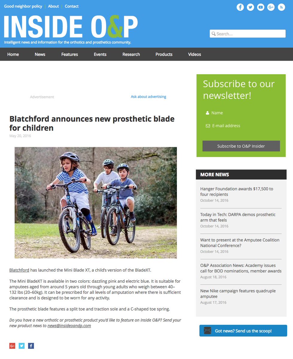 Happy to see <a href="/sharpedgephoto/">Andrew Reece</a>'s photo used in <a href="/Insideoandp/">Inside O&P</a> announcing the release of <a href="/BlatchfordGrp/">Blatchford</a>'s Mini Blade XT