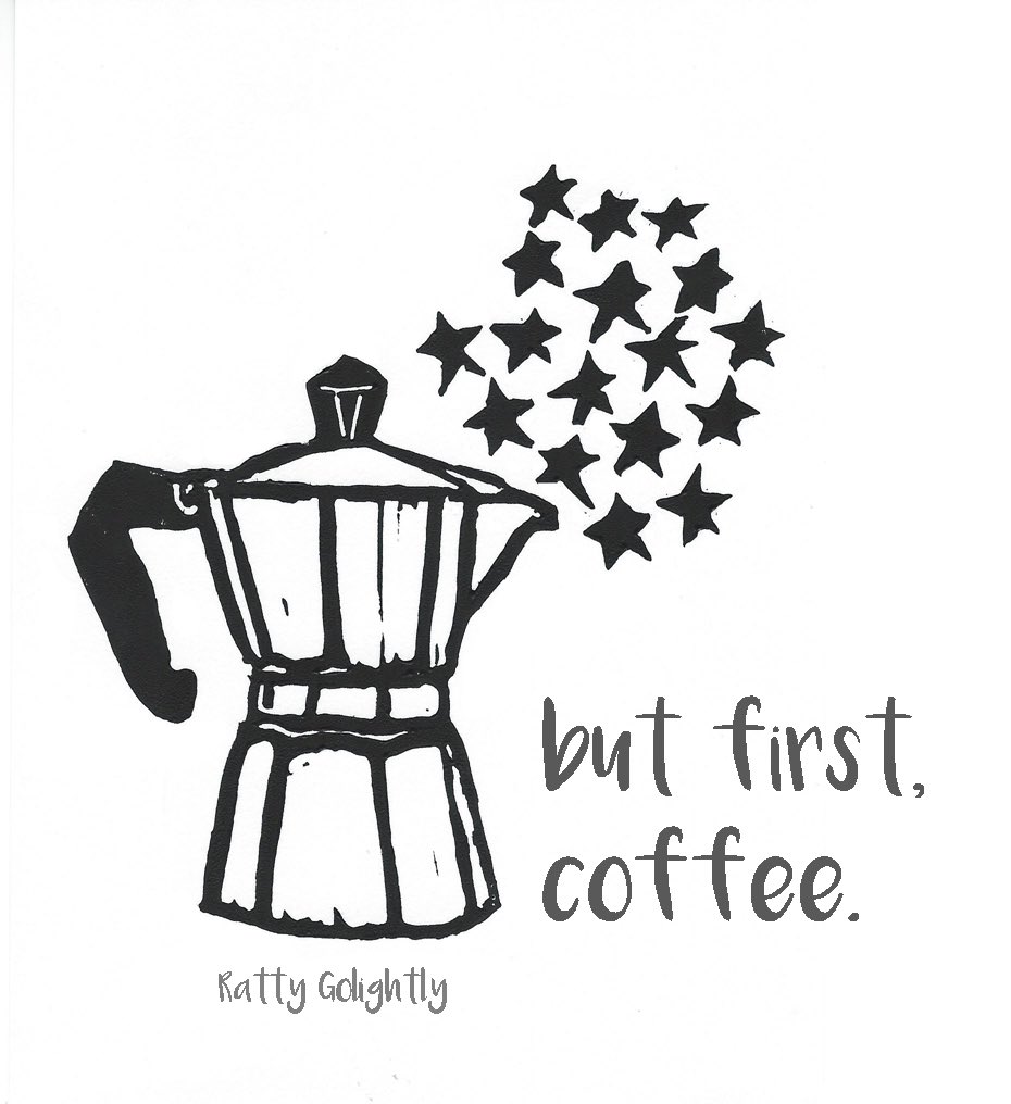 Hygge Moka pot print on cards, cotton and linen, rattygolightly.com
