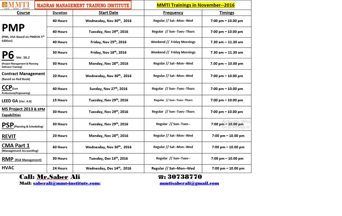 MMTI Doha Training Schedule for November 2016.
PLEASE CALL ME FOR ANY COURSE REGISTRATION WE PROVIDE GOOD GROUP DISCOUNT
+974-30738770
SABER