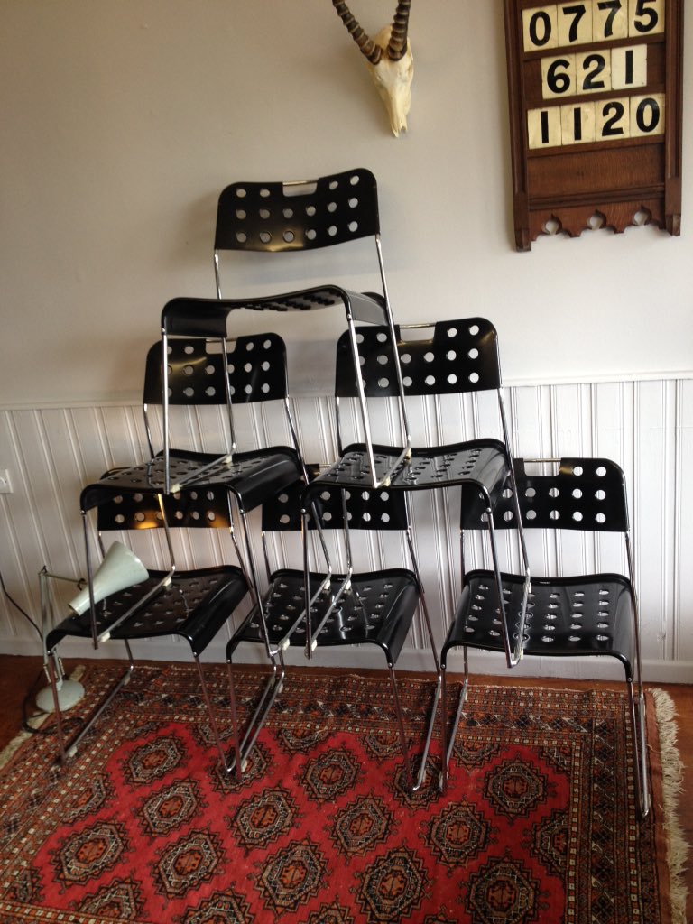 Lfounduk's tweet photo. OmStack chairs - 6 pack - black enamel on chrome steel - vintage, rare &amp; stylish - designed by Rodney Kinsman #OmStack #stackchair https://t.co/hUIOMjsmZG