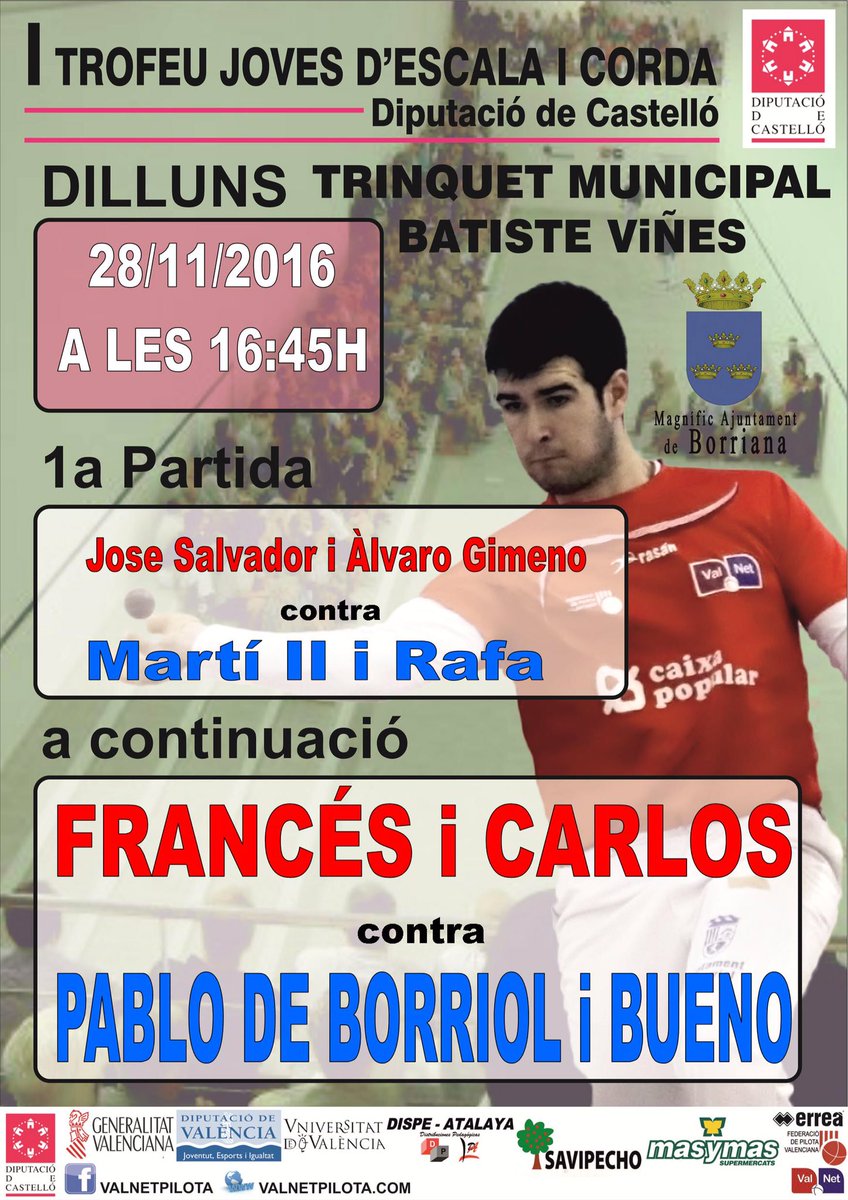 Juvenils+trofeu joves dilluns 28/11 @pilotaveu <a href="/fedpival/">FedPilotaValenciana</a> <a href="/ElJocDelPoble/">El Joc Del Poble</a> <a href="/DipuEsport/">Castellón, Escenario Deportivo</a> <a href="/SMEBurriana/">SME Borriana</a> <a href="/tesasports/">Tesasports</a> <a href="/Castdepor/">Castdepor</a> #pilotavalenciana