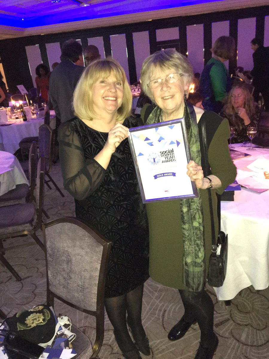 BASW_UK's tweet photo. Here is June Thoburn with Maris Stratulis, Country Manager, for the Outstanding Contribution to Social Work Award @socialworkaward #SWA16 https://t.co/rZXp5aH6xy